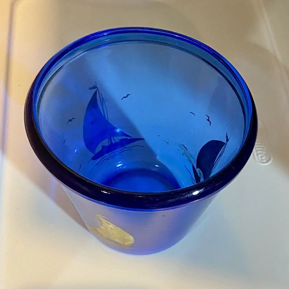 Vintage 4” Hazel Atlas Cobalt Blue Sailboat Ice Bucket - Depression Glass
